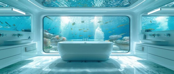 Sticker - Luxurious bathroom with an underwater view. AI.