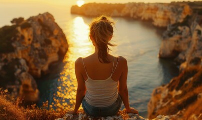 Wall Mural - A woman sits on a cliff and watches the sunset over the ocean. AI.