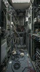 Poster - A storeroom full of tangled cables and electronic equipment. AI.