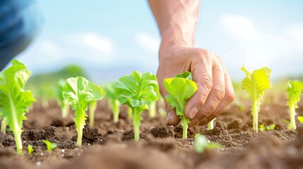 Hand gently tending young leafy plants in sunlit garden, nurturing growth, vibrant green sprouts in freshly tilled soil, bright blue sky background.