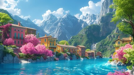 Wall Mural - Colorful Houses on a River in the Italian Alps on a Sunny Day