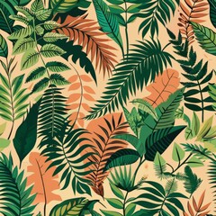 Wall Mural - seamless pattern of lush foliage and ferns, bringing a natural and earthy vibe, generative ai