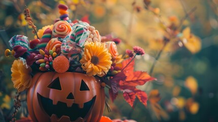 Concept of Halloween Day and Pumpkin Day. Trick or treat with sweet candies in a Halloween pumpkin bouquet, in a halloween celebration mood 