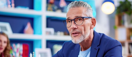 Wall Mural - Portrait of a middle-aged man wearing glasses and a blue suit. AI.