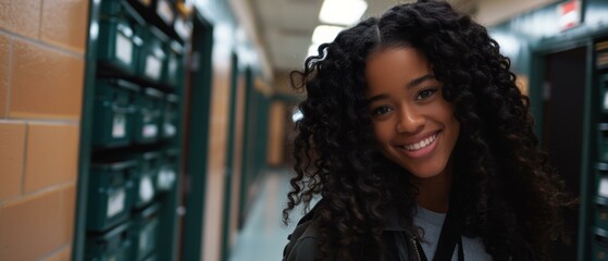 Sticker - Close-up portrait of a smiling young woman with curly hair. AI.