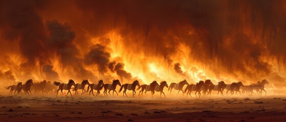 Poster - A herd of horses runs through a fiery landscape. AI.