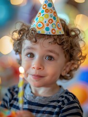 Poster - A cute little boy wearing a birthday hat is blowing out a candle on his birthday cake. AI.