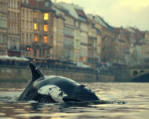 Poster - Killer whale swims in urban river. AI.