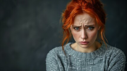 Wall Mural - Sad woman with red hair. AI.