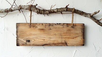 Minimalist Display: Light Wood Signboard Hanging on a Dead Branch Against a White Background