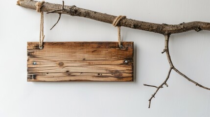 Minimalist Display: Light Wood Signboard Hanging on a Dead Branch Against a White Background