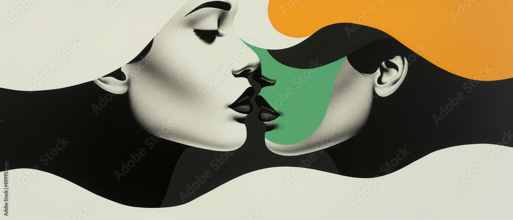 Lovers, two stylized faces in profile, poised to kiss. Abstract ...