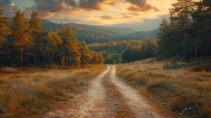 Poster - Dirt Road Winding Through Forest at Sunset