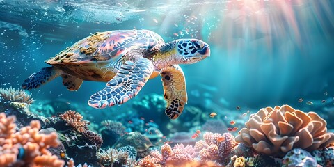 Sticker - Graceful Sea Turtle Gliding Over Vibrant Coral Reef in Serene Ocean Underwater Scene