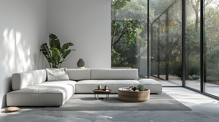 Modern living room with a large sectional sofa, coffee table, and large windows overlooking a lush green garden.