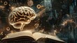 © Bijac - conceptual digital collage combining human brain mechanical gears open book and futuristic interface elements to represent modern education and innovation