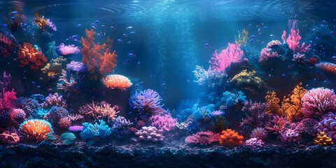 Wall Mural - Glowing Coral Reef at Night with Vibrant Neon Sea Life