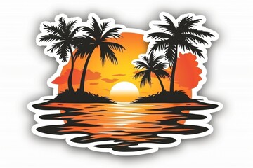 Sticker - Tropical sunset with palm trees and ocean in a vibrant cartoonish illustration