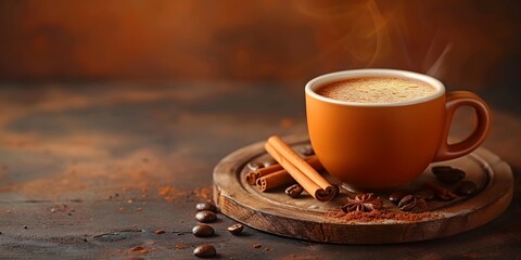 Canvas Print - Aromatic Coffee with Cinnamon in a Warm Cozy Setting on a Wooden Table