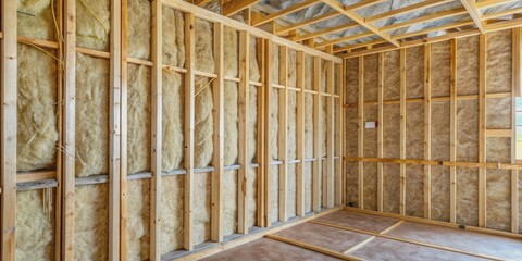 A close-up shot of a new home's interior wall framework with fiberglass batt insulation being installed, surrounded by wooden studs and wire mesh.