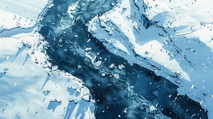 Wall Mural - Illustrate an aerial perspective of snowfall over a river, with ice forming along the banks as the snow gently covers the flowing water.