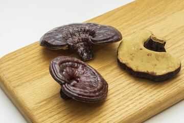 Poster - Close up of three dried raw brown Reishi mushroom on wooden cutting board and white floor, South Korea
