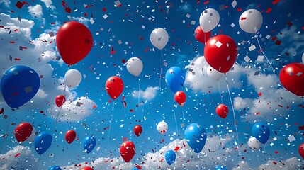 Wall Mural - sky filled with red, white, and blue balloons and confetti.