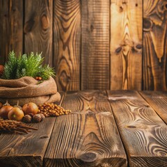 Wall Mural - Rustic wooden background with natural textures and grains, providing a warm and earthy atmosphere for showcasing products or advertising messages creatively.