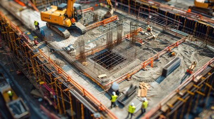 Wall Mural - Photograph a construction site where robots are autonomously building a concrete foundation.