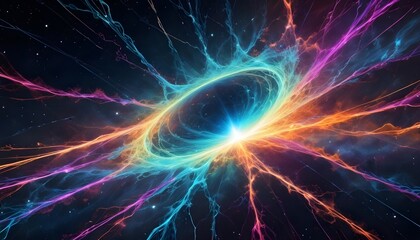 Wall Mural - Colorful explosion of energy or light in deep space with a central bright core and swirling streams of vibrant colors.