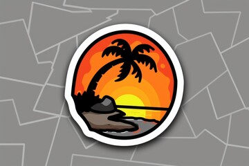 Sticker - Retro sunset with palm tree and ocean in a vintage colorful illustration