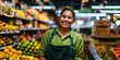 © CozyNessAI - Portrait of a young, confident and smiling Hispanic female supermarket worker with uniform working in a fruit section.