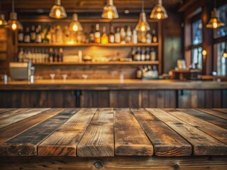 Wall Mural - Rustic wooden bar counter with distressed finish, abundant copy space, and blurred background, perfect for product placement, evoking a vintage pub atmosphere and restaurant ambiance.