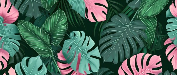 Canvas Print - Tropical Leaves Pattern with Pink and Green