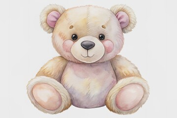 Wall Mural - Soft pastel watercolor design adorns a cuddly teddy bear toy, perfect for little ones to snuggle and ideal as a nursery or bedroom decorative accent.