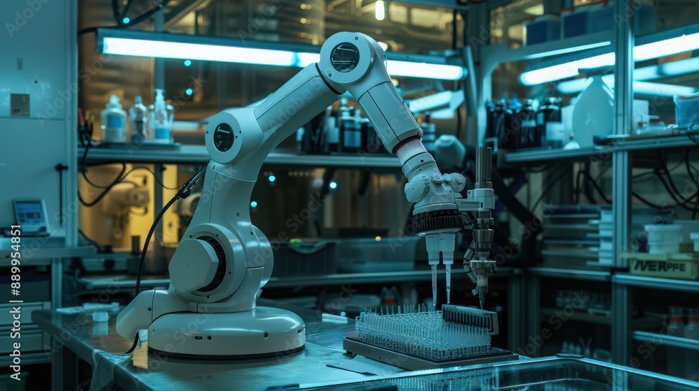Photograph an advanced biotech lab where robots are conducting high ...