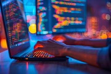 Wall Mural - Person types code on keyboard in dimly lit room.