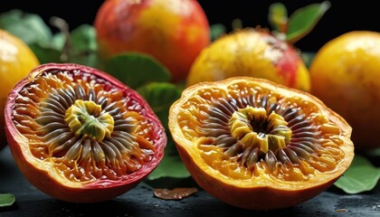 Wall Mural - Fresh Passion Fruit Cut in Half on Black Surface.