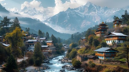 Wall Mural - Picturesque Mountain Village Nestled in a Serene Valley with Flowing River and Majestic Peaks