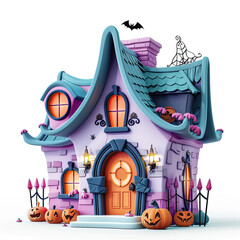 Wall Mural - 3d illustration halloween castle with scary party halloween text and cute little ghost grave cemetery, isolatedn on white background 3d render