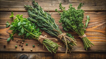 Vibrant arrangement of fresh thyme, rosemary, parsley, and oregano sprigs against a rustic wooden background with gentle shadows.