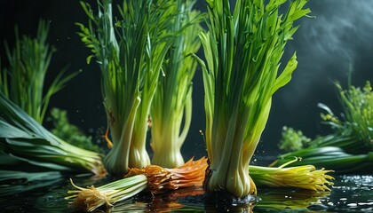 Wall Mural - Green Onions Splashing into Water.