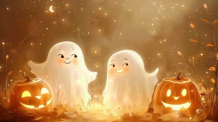 Wall Mural - Cute Halloween ghosts with beautiful kind pumpkins in delicate colors. Concept of Halloween Day and Pumpkin Day