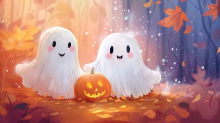 Wall Mural - Cute Halloween ghosts with beautiful kind pumpkins in delicate colors. Concept of Halloween Day and Pumpkin Day