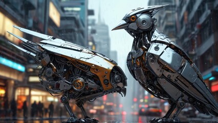 Poster - Robotic Birds in a Futuristic City.