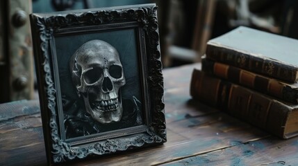 Wall Mural - Dark gothic vertical frame mockup with book and skull.