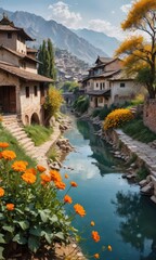 Sticker - Picturesque River Flowing Through Mountain Village.