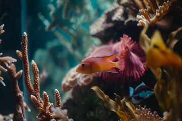 Wall Mural - Vibrant Aquarium Fish Swimming Among Colorful Coral in Underwater Scene