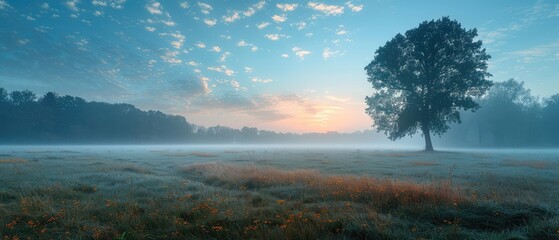 Wall Mural - Solitary Tree Standing Tall in a Misty Meadow at Dawn