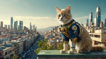 Poster - Cyborg Cat on Rooftop with Cityscape View.